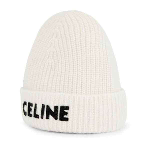 Celine Paris White Black Logo Laine Knit Wool Embroidered Beanie Cap Winter Hat main image 6